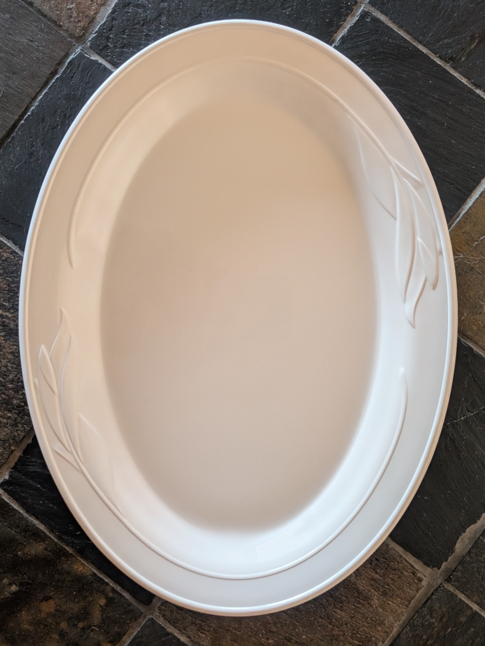 Corningware Casual Elegance White Oval Serving Platter with Embossed Leaf Accent